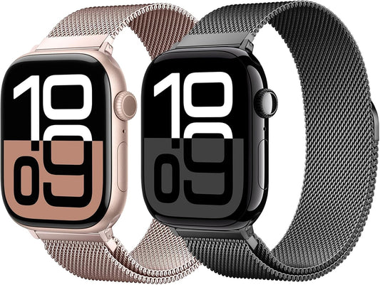 2 Pack Stainless Steel Mesh Loop Compatible with Apple Watch Band 38Mm 40Mm 41Mm 42Mm Series 10 Women Men, Magnetic Clasp Replacement Strap for Iwatch - Rose Gold+Black