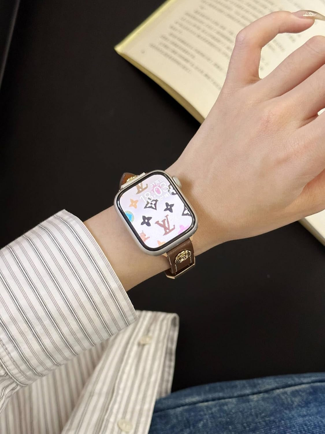 Leather Band with Rose Charm Compatible with Apple Watch Bands for Women 38/40/41/42/44/45/46/49Mm Dressy Slim Leather Strap for Iwatch Series 10/9/8/7/6/5/4/3/2/1/Se/Ultra 2