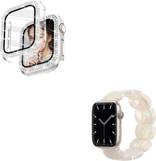 Tortoise Stretchy Watch Band with Bling Case with HD Screen Protector Compatible with Apple Watch 38Mm 40Mm 41Mm 42Mm 44Mm 45Mm 49Mm for Women for Iwatch Series 9/8/7/6/5/4/3/2/1/SE
