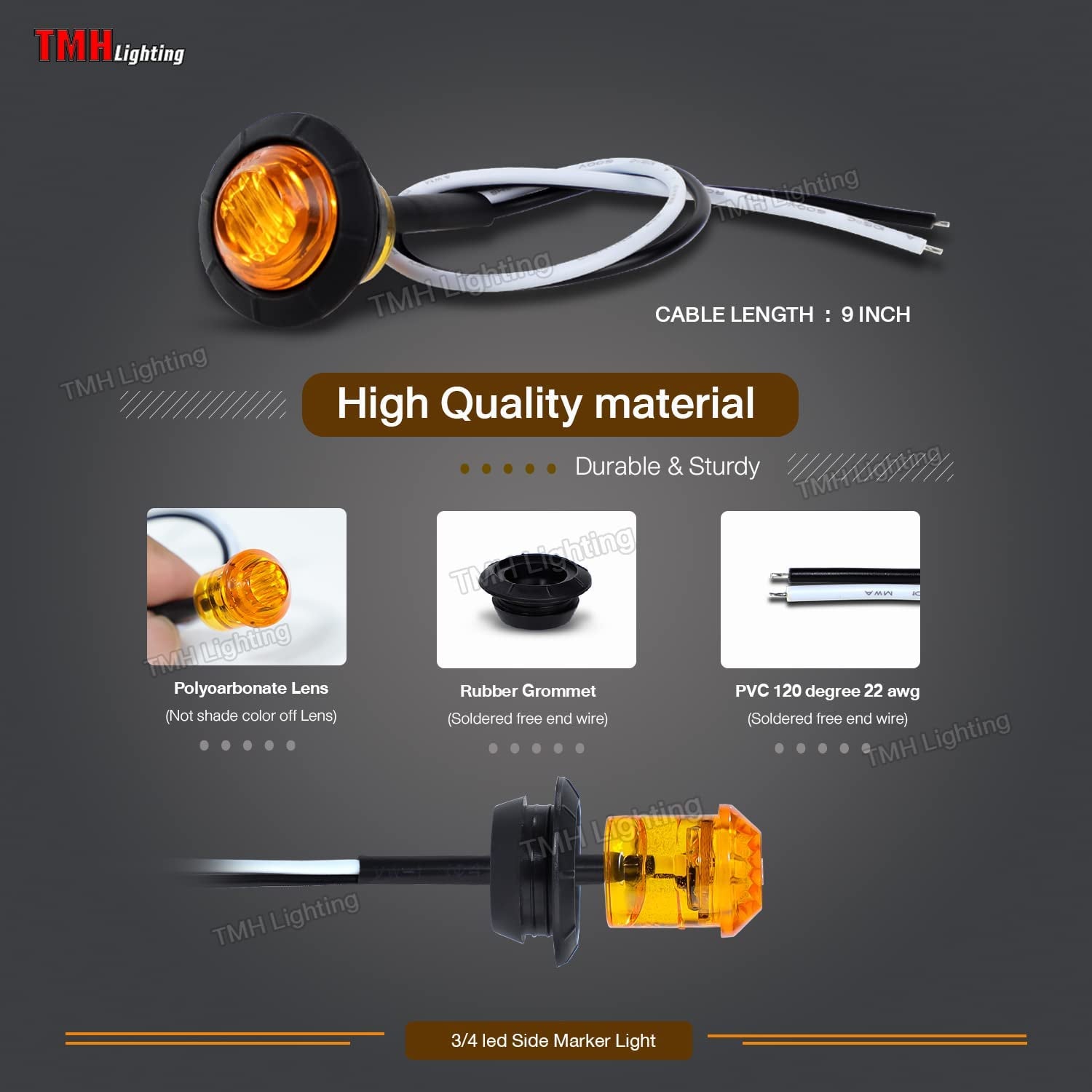 50 Pcs 3/4 Inch Mount Amber 3 LED Mini round Trailer Side Marker Indicator Lights Clearance Button Signal Lamps Universal for Trucks Lorry Boat Pickup Bus Caravan RV Waterproof Sealed Bulbs 12V DC
