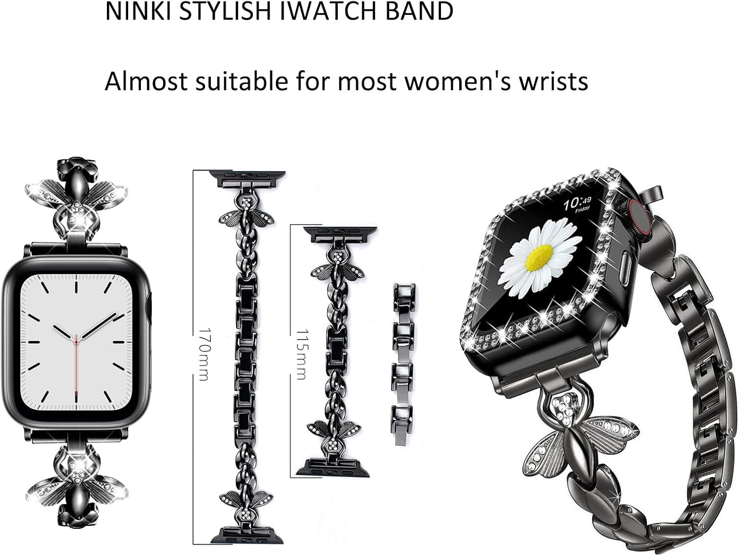 Metal Gold Bands Compatible Glitter Apple Watch Band 38Mm 40Mm 41Mm for Women Honey Bee,Stainless Steel Iwatch Strap Bling Slim Wristband Chain for Iwatch Series 9/8/7/6/5/4/3/2/1/SE2/SE