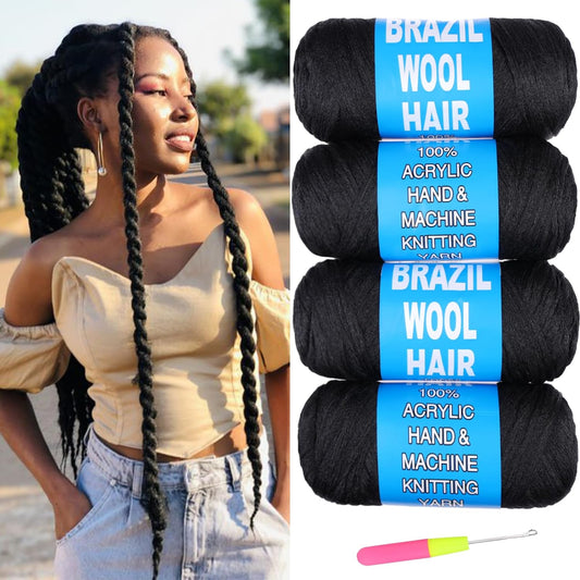 4 Pcs Natural Black Brazilian Wool Hair for Braiding Hair Acrylic Yarn Crochet Box Braids Senegalese Twist Jumbo Braids Faux Locs Crochet Hair for Women Synthetic Braiding Hair Extensions(#1B)