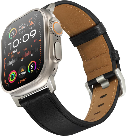 Compatible with Apple Watch Band 41Mm 40Mm 38Mm Men Women, Top Grain Genuine Leather Band Strap for Iwatch Series 9 8 7 6 5 4 3 2 1 SE, Black/Titanium