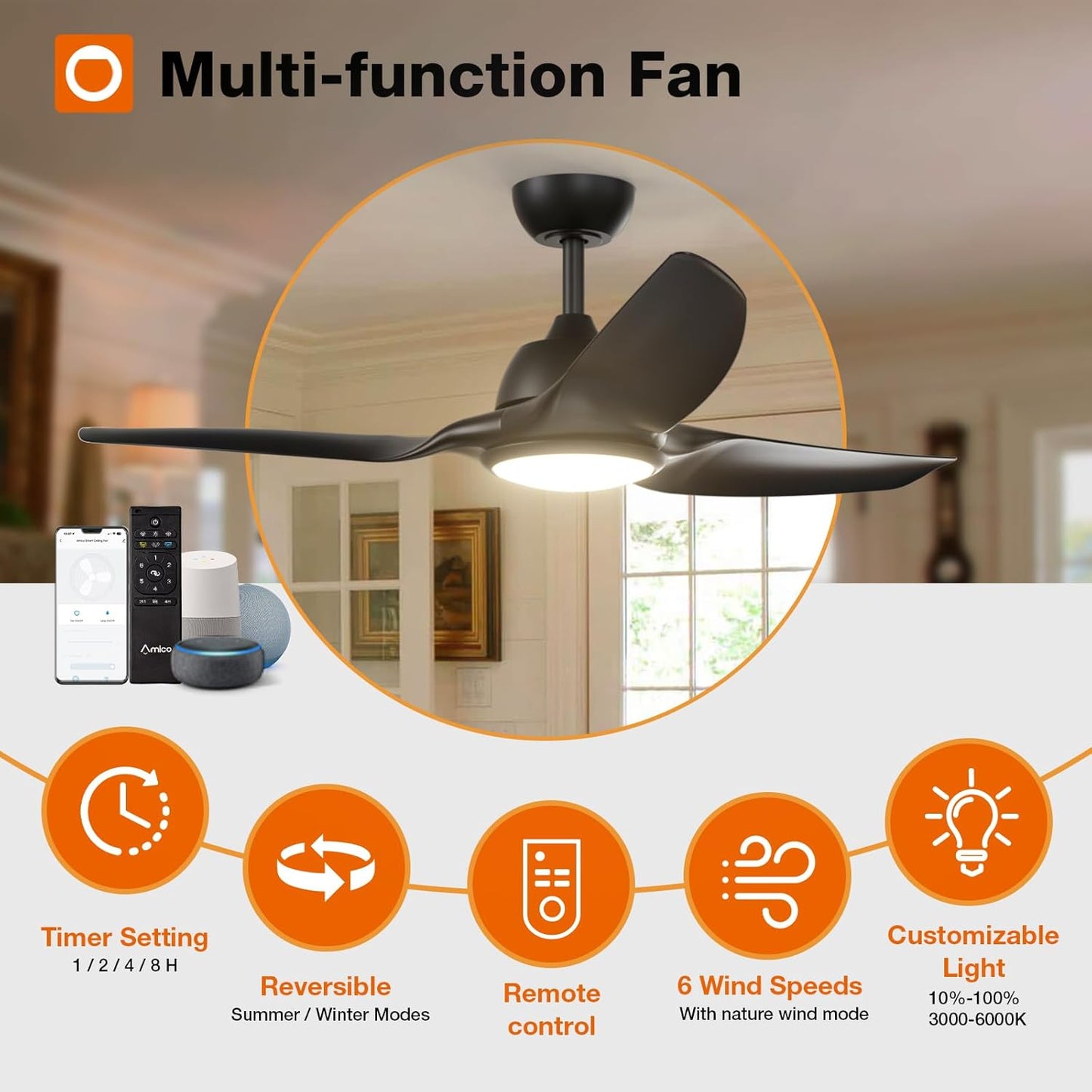 Ceiling Fans with Lights, 52 Inch Smart Ceiling Fan with Remote/App/Alexa Control, Reversible DC Motor, 6 Speeds, 3CCT Dimmable, Noiseless, Black Ceiling Fan for Bedroom, Farmhouse