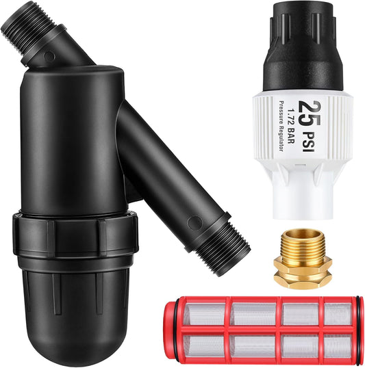 Drip Irrigation Pressure Regulator and Filter, 25 PSI Water Backflow Preventer for 3/4'' Garden/Faucet Hose Thread and Drip Irrigation Inline Y Filter, 3/4" X 3/4" FHT Hose Thread Connections ZOUSA