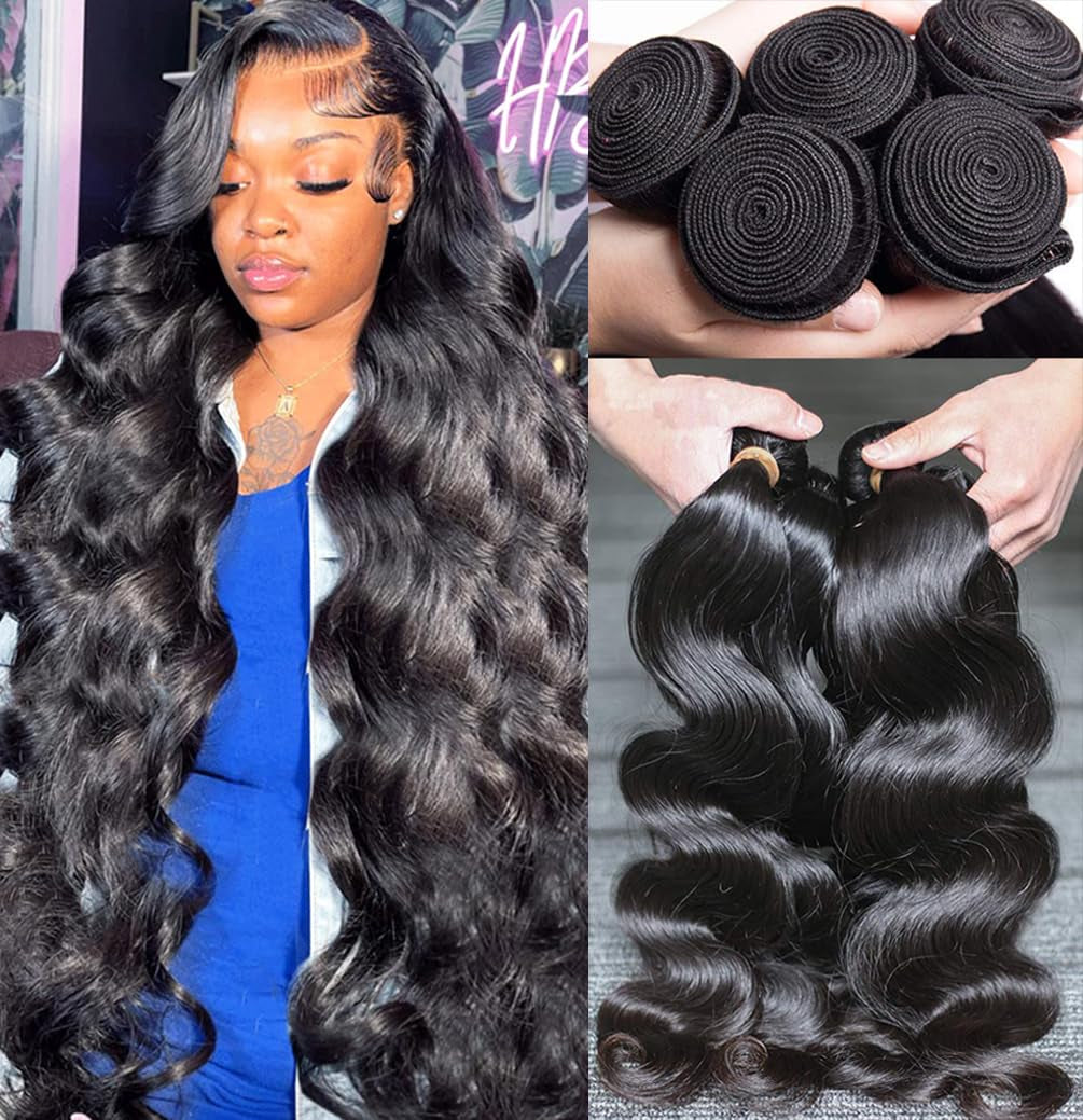 Human Hair Bundles Body Wave Brazilian Virgin 12A Grade 22 24 26 28 100% Unprocessed Human Hair Extensions Body Weave 4 Bundles Deals Double Weft Human Hair Natural Color for Black Women