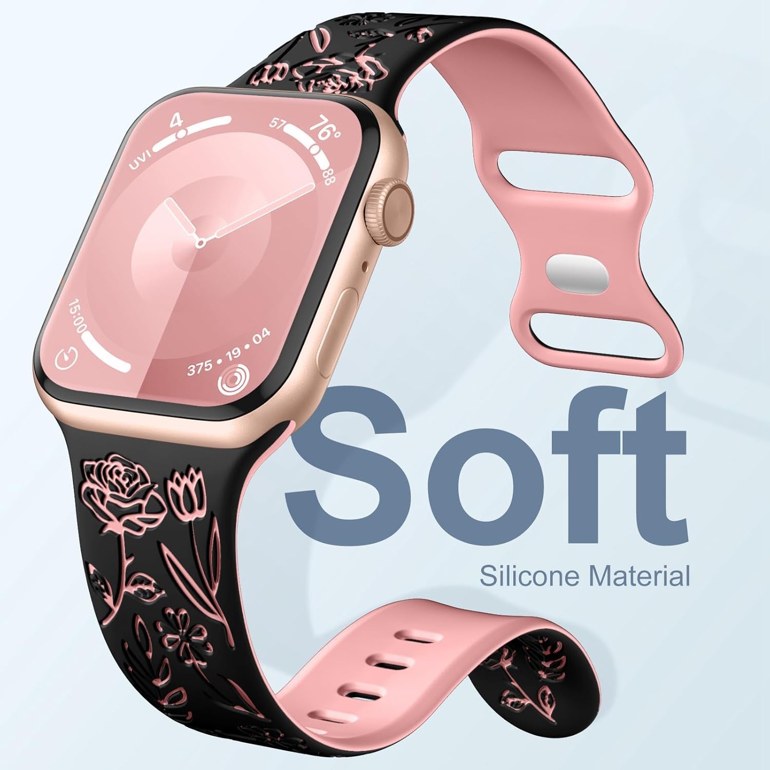 Floral Engraved Bands for Apple Watch Women 38Mm 40Mm 41Mm 42Mm 44Mm 45Mm, Soft Silicone Cute Dressy Wrist Strap for Iwatch SE Series 9 8 7 6 5 4 3 2 1 Ultra, Iphone Watch Band Accessories