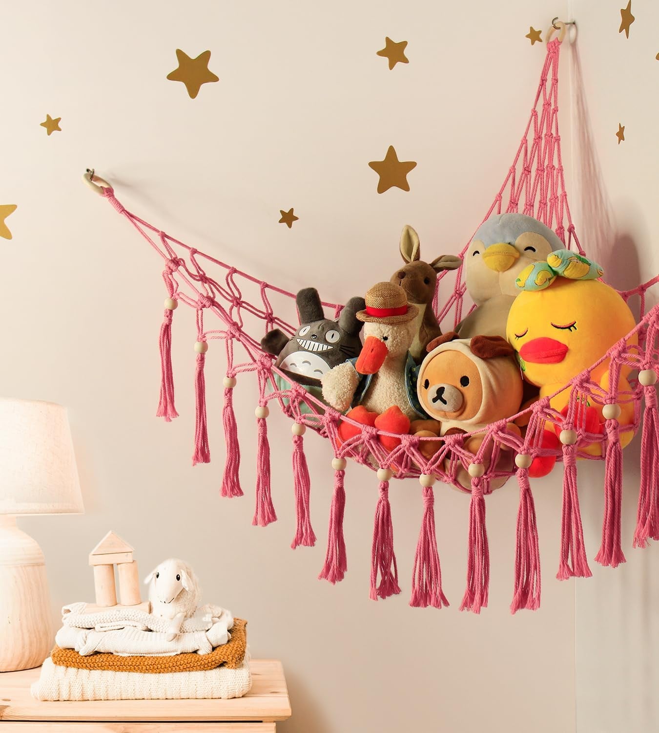 Stuffed Animal Storage Hammock Corner with LED Light - Toy Hanging Organizer Plushie Net - Pink Room Decor for Teen Girls - Cute Bedroom Aesthetic Nursery Kids Baby Toddler