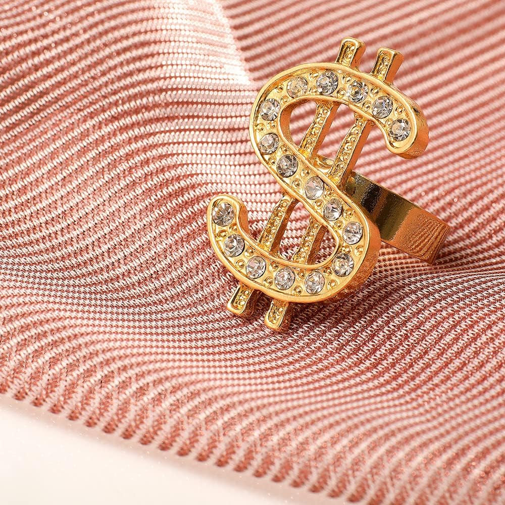 80S 90S Hip Hop Costumes Outfit for Men, ﻿8 Pcs Fake Gold Chain Money Sign Necklace Sunglasses Hat, Dollar Sign Finger Ring for Men Women Rapper Jewelry Accessories