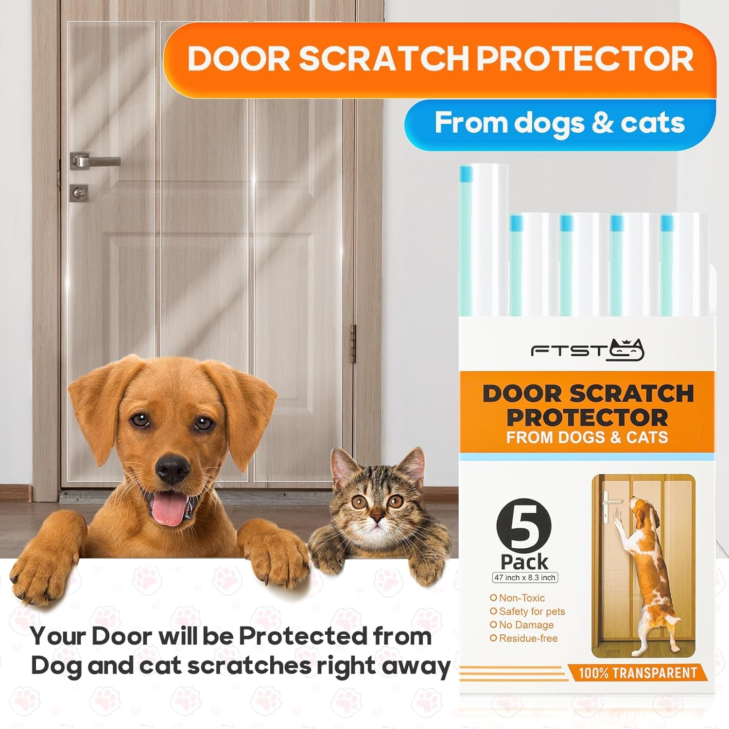 5-Pack Door Protector from Dog Scratching - 5 X 47'' X 8.3'' Cat Scratch Door Frame Protector anti Dog Scratch, Heavy Duty Protector for Window Sill - Door Guard Clear (N1)