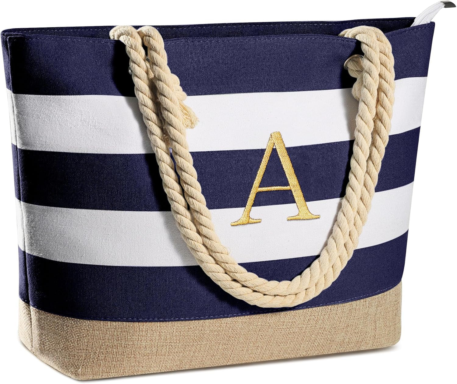 Initial Canvas Waterproof Beach Tote Bag Zipper Personalized Gifts for Women Her Birthday Travel Beach Essential