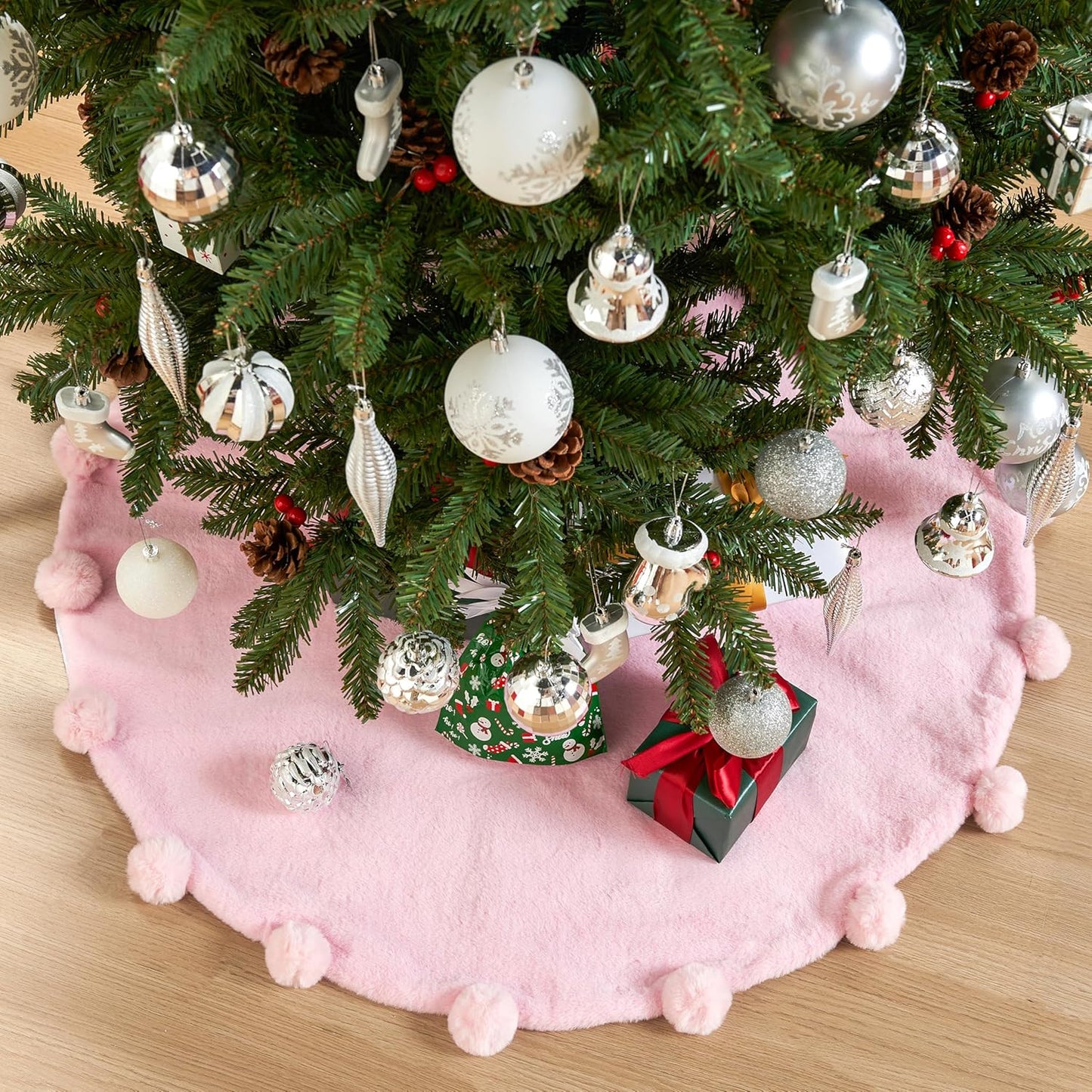 36 Inch Christmas Tree Skirt, Pink Christmas Tree Skirts for Christmas Tree Decorations, Plush Faux Fur Tree Skirt for Xmas Decor Indoor Party Decor