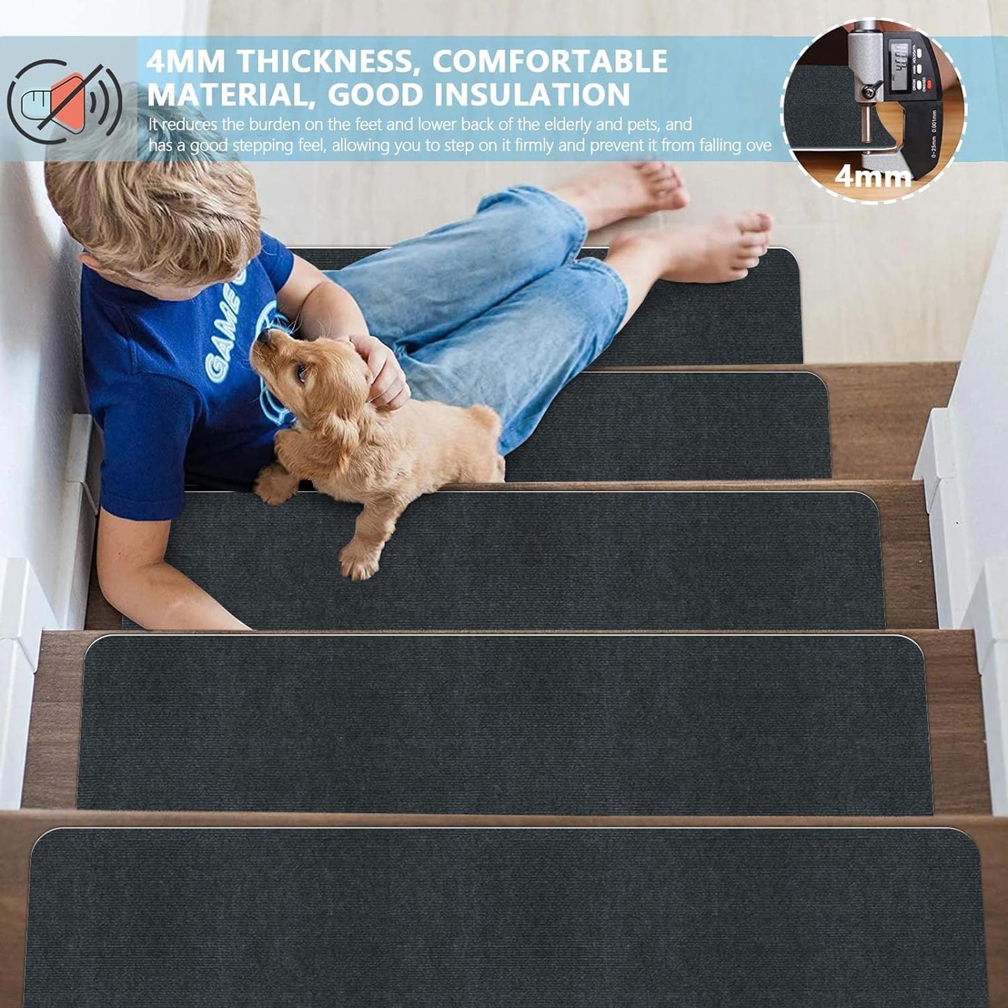 8" X 30" (15 in Pack) Non-Slip Stair Treads Carpet for Wooden Steps, Self-Adhesive Stair Treads Mat, Safety Indoor Stair Runner Mats, anti Slip Stair Rugs for Kids Elders and Dogs，Black