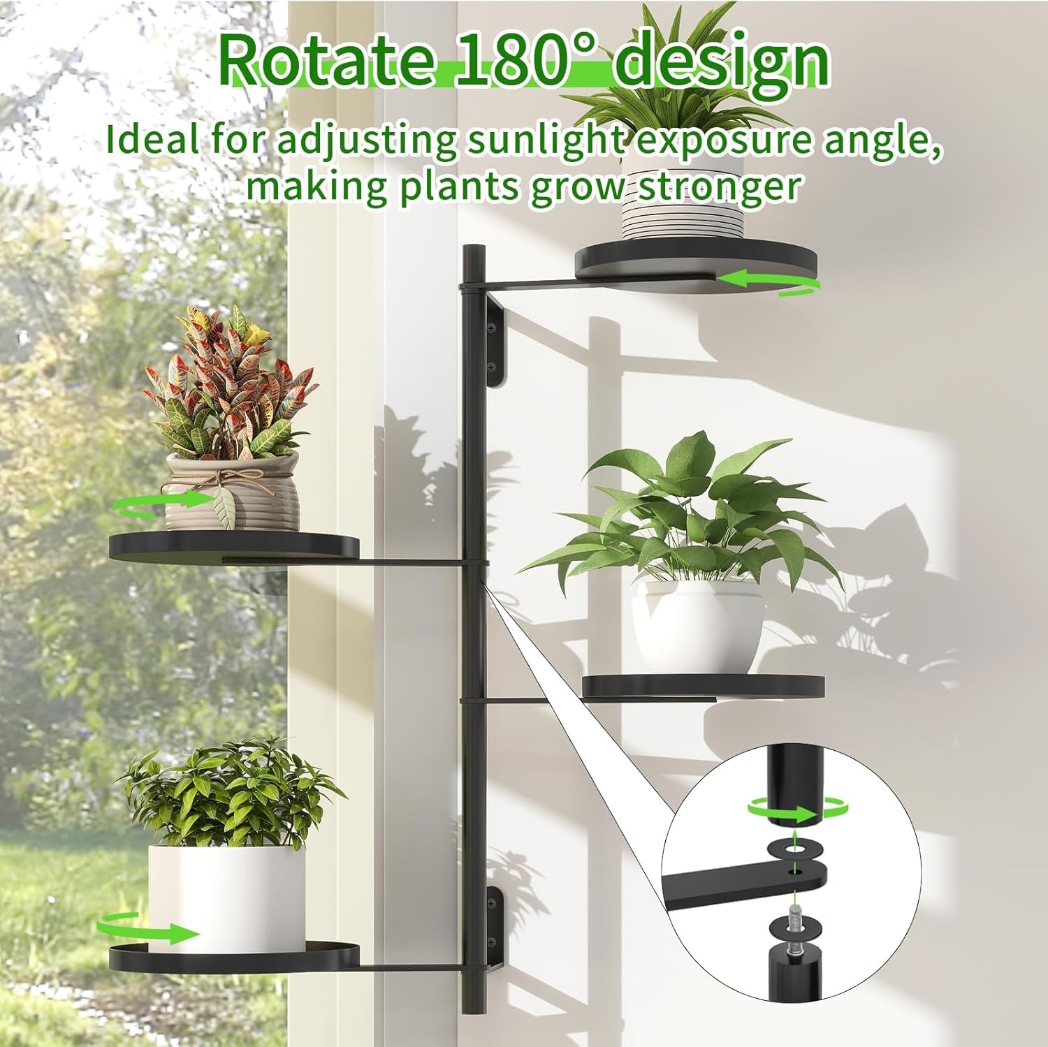 Rotating Window Plant Shelves, 4 Tier Wall Plant Holder for Various Plants Indoors, Metal Window Sill Plant Shelf for Optimal Sunlight Exposure, Black Plant Wall Shelf for Home Decor