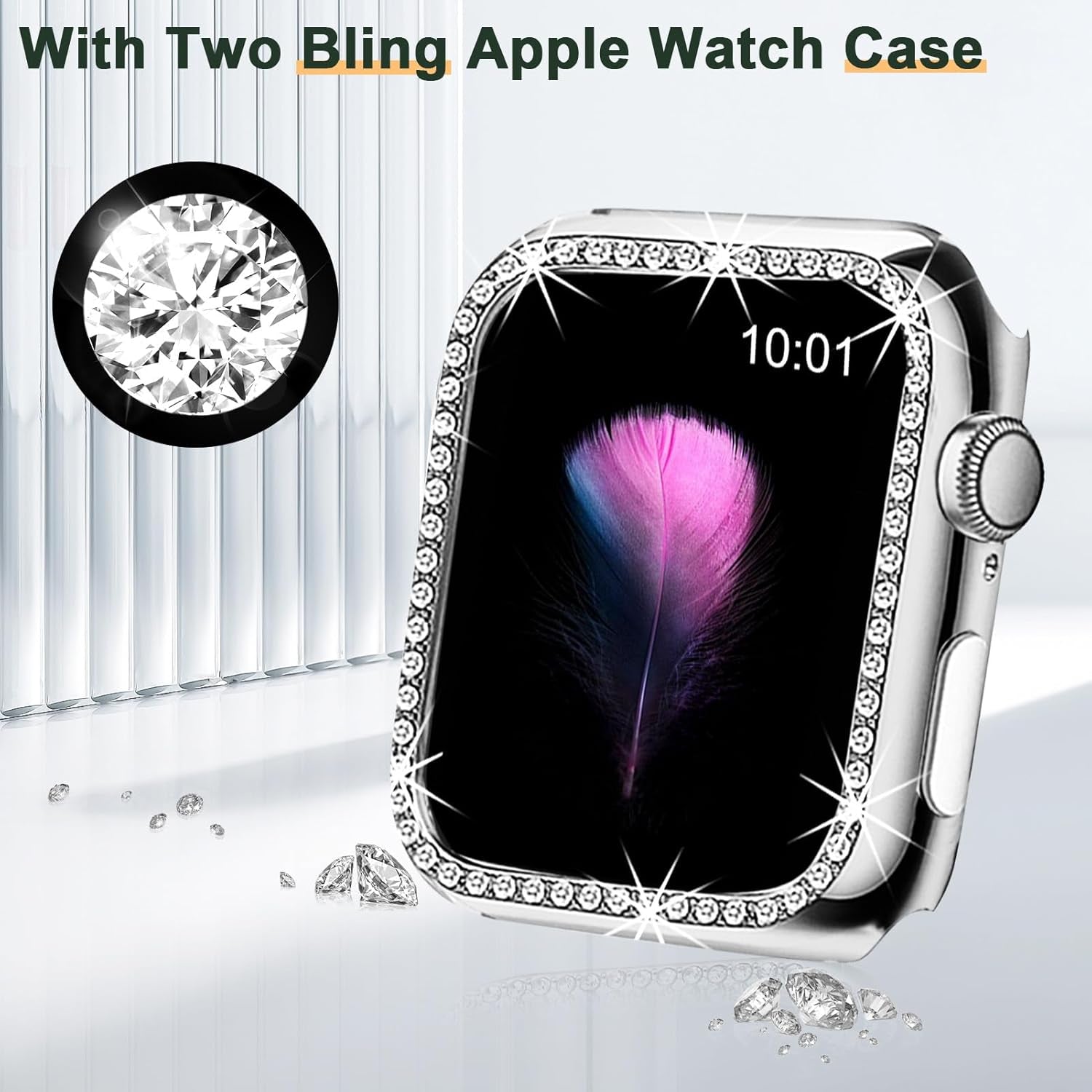 Compatible for Apple Watch Band with Screen Protector Case, Jewelry Replacement Band 45Mm 44Mm 42Mm 41Mm 40 Mm 38Mm 2 Pack Bling Protective Cover for Iwatch Series 9/8/7/6/5/4/3/2/1/SE Women