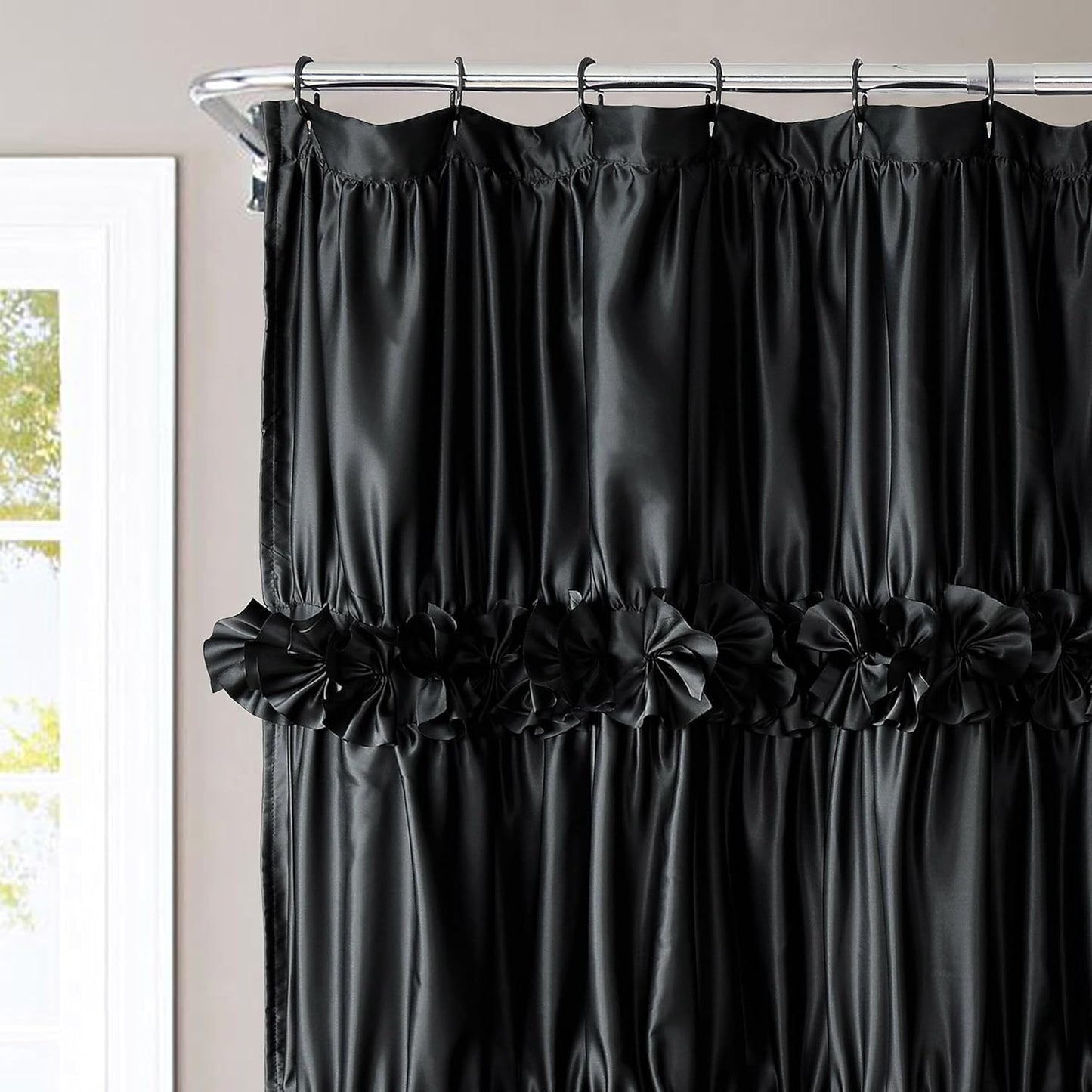 Black Ruffle Shower Curtain, Vintage Handcrafted Bow Tie Bath Curtain for Master Bathroom, Ruched Satin Bathroom Curtain with 12 Buttonholes, 72" W X 72" H (LQ-10)