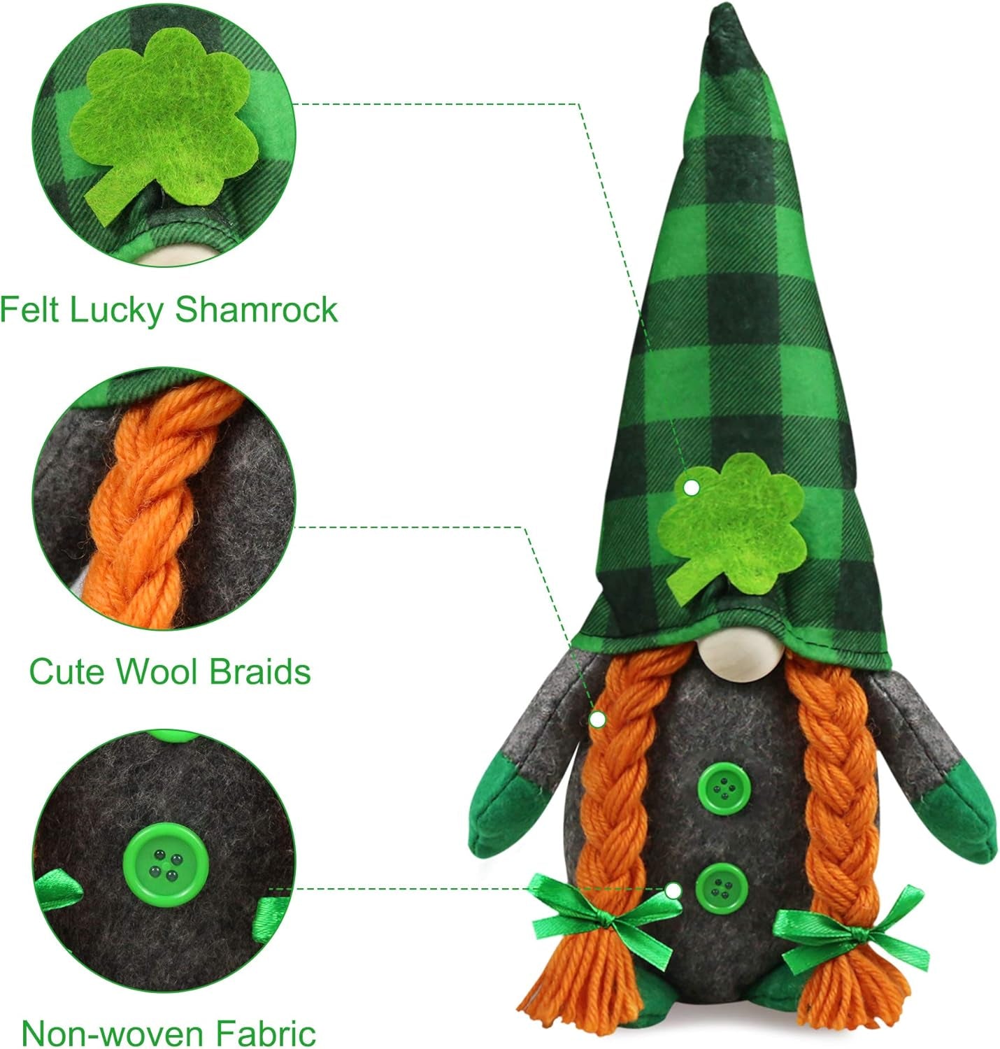 St.Patrick'S Day Gnome Plush Elf Decorations - Mr and Mrs Green Buffalo Check Plaid Handmake Scandinavian Tomte - Saint Patrick'S Day Irish Decorations, Home Table Ornament