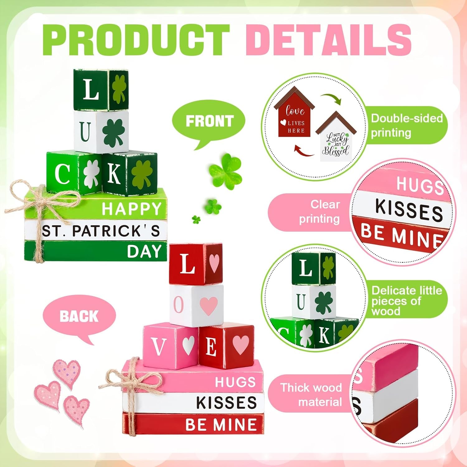 15 Pcs Valentines Day Wooden Table Decor St. Patrick'S Day Shamrock Decorations Valentine Irish Wooden Signs Hugs Kisses Be Mine Happy St. Patrick'S Day Stacks for Home Table Tiered Tray