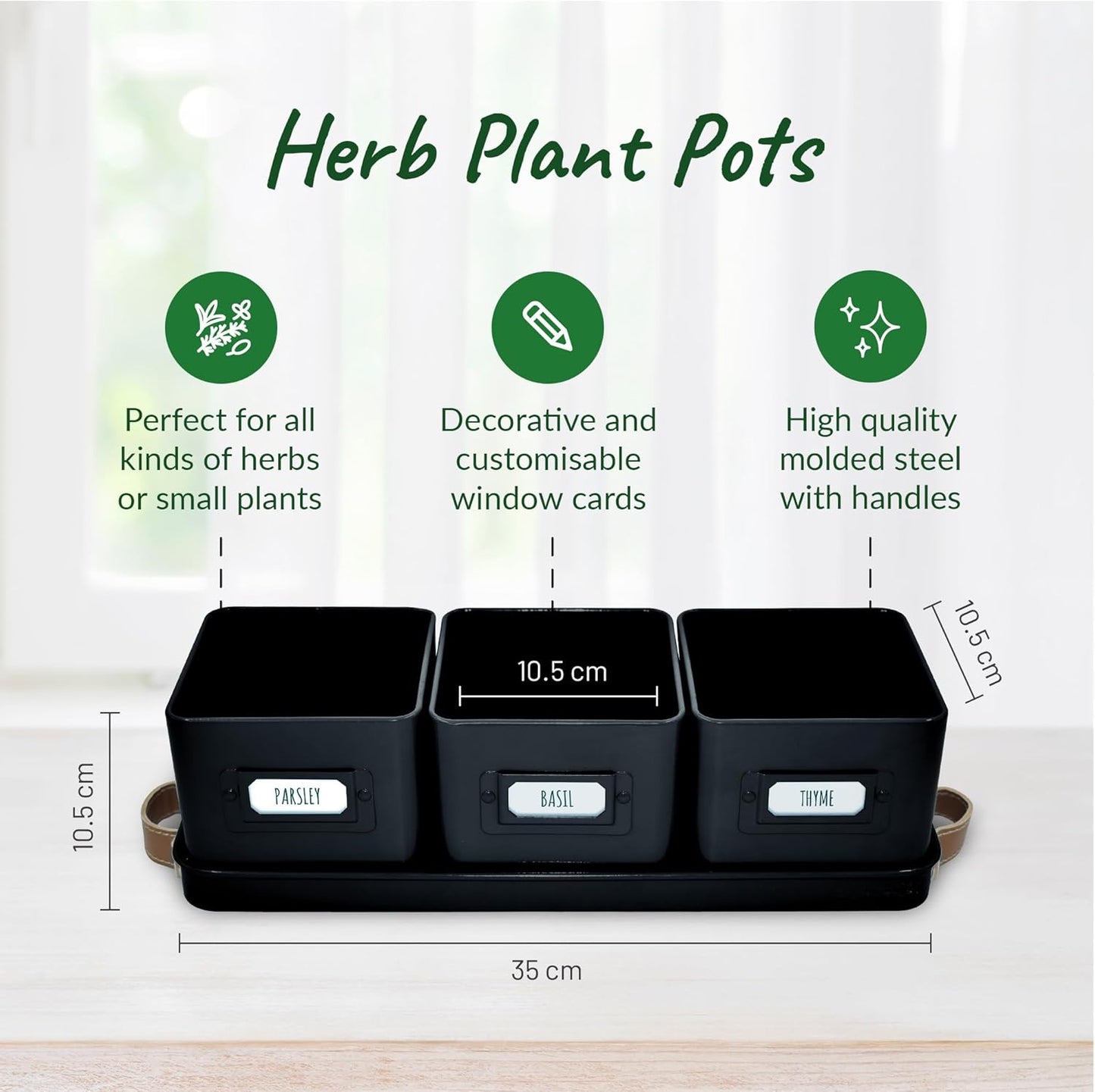 Herb Planter Indoor - Set of 3 Black Indoor Herb Garden Pots for Plants with Leather Handled Tray - Window Sill Plant Shelf - Herb Pots with Drainage Holes and Labels