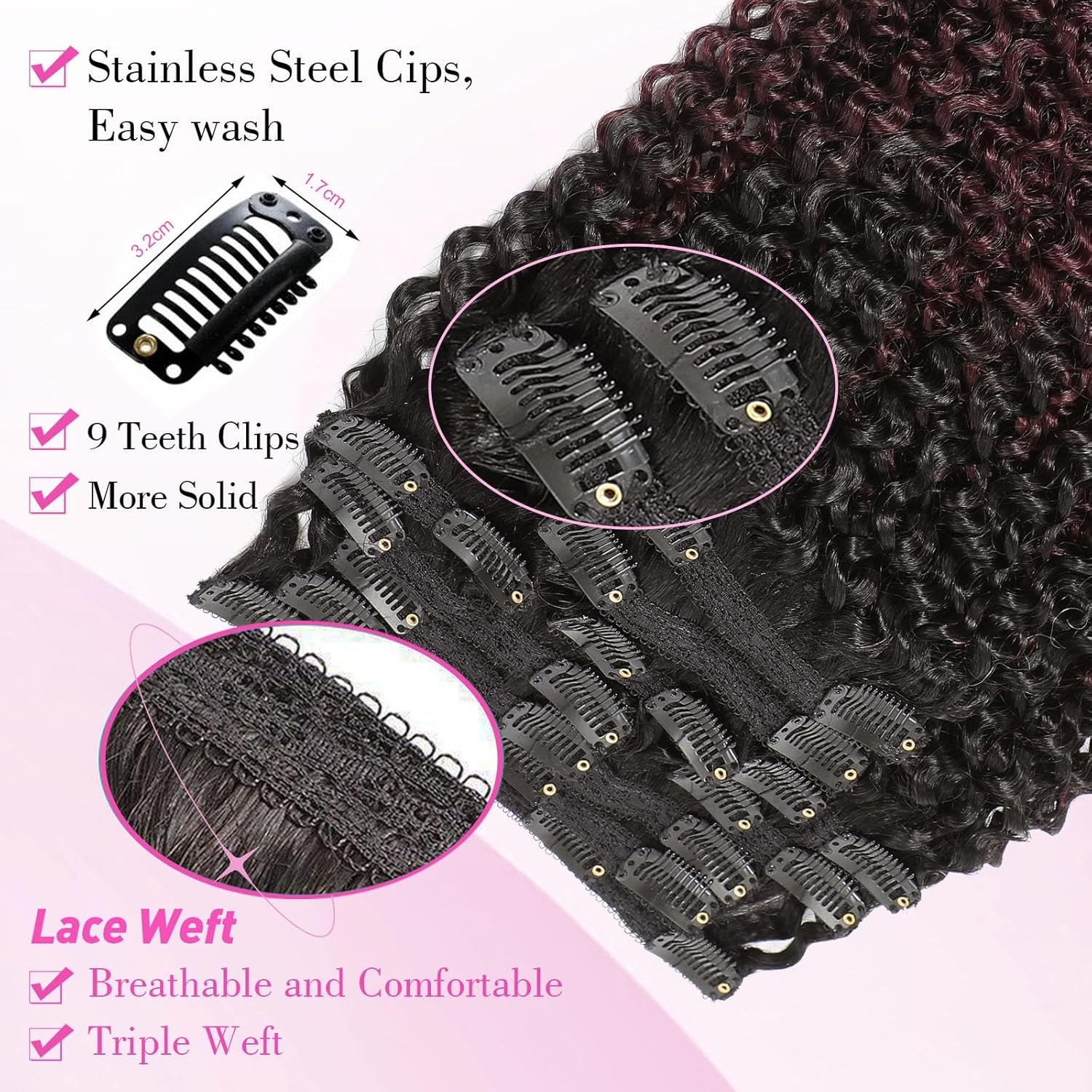 Burgundy Clip in Hair Extensions Real Human Hair 1B/99J Kinky Curly Hair Extensions Clip Ins Real Human Hair Black Women Curly Clip in Hair Extensions Black/Burgundy Wine Red(10 Inch,1B/99J)