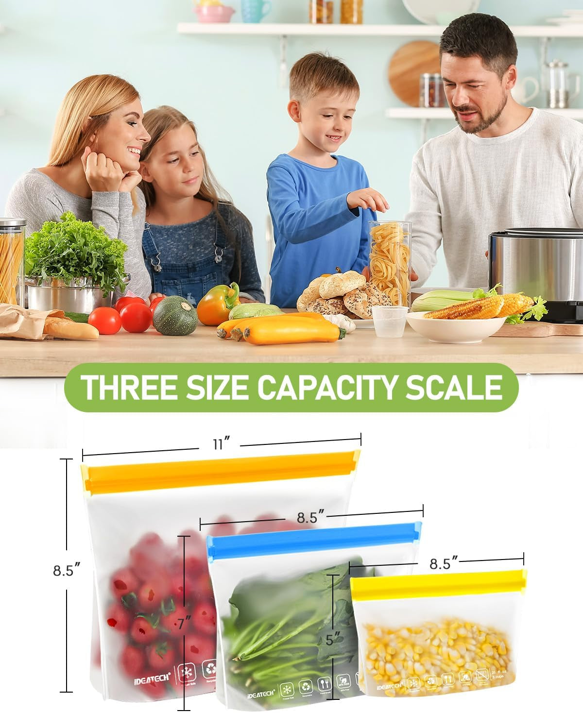 20Pack Dishwasher Safe Reusable Bags, Leakproof Reusable Freezer Bags, BPA Free Reusable Food Storage Bags Sandwich Bags Snack Bags for Lunch Travel(8 Gallon 6 Quart 6 Snack,Colored)
