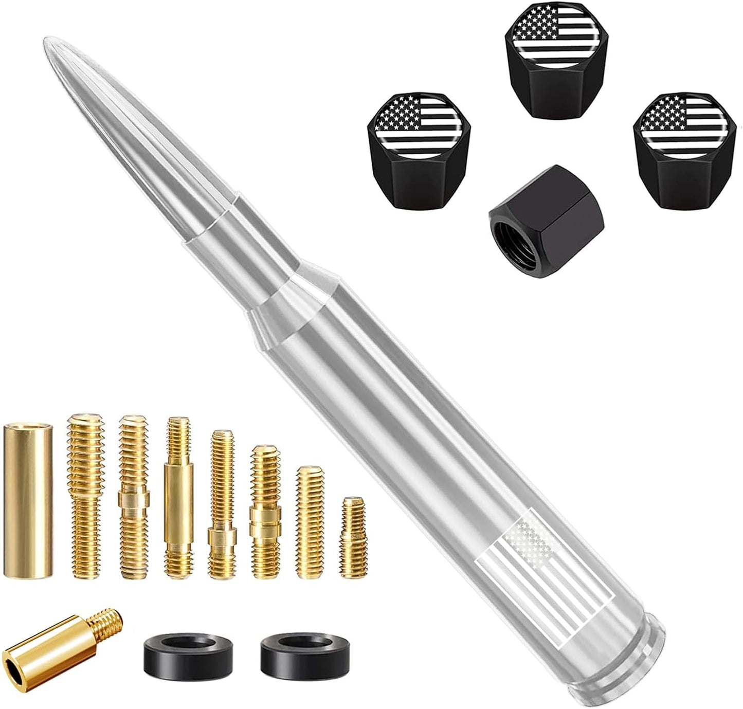 American Flag Car Truck Antenna with Valve Stem Caps, Universal Mast for GM Chevy Silverado 1500 2500 3500 HD Avalanche Ford F150 F250 F350 Denali Heavy Duty Pickup Trucks Accessories (Black)