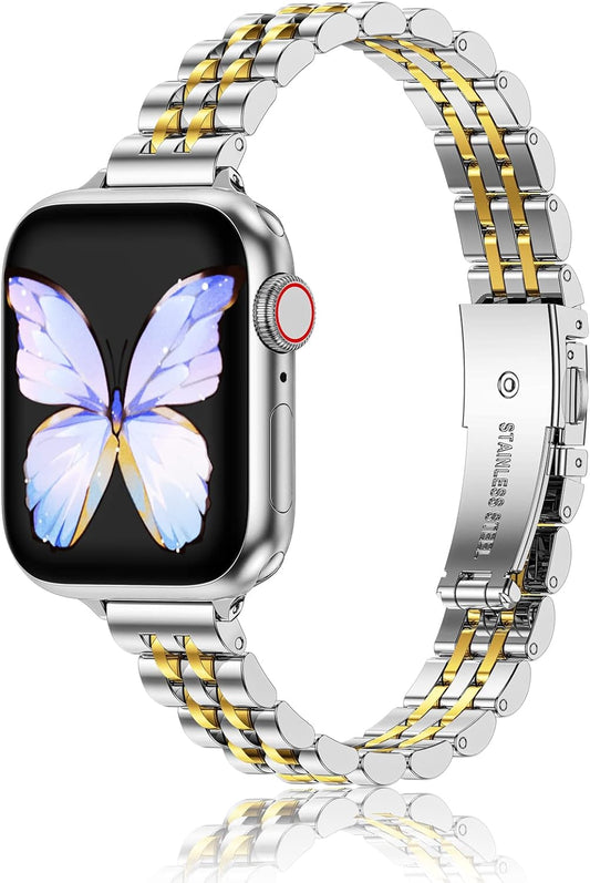 Slim Metal Bands Compatible with Apple Watch Ultra 2 1Band (49Mm) Series 9/8/7(45Mm 41Mm),Series SE 6/5/4(40Mm 44Mm),Series 3/2 /1(38Mm 42Mm), Thin Stainless Steel Chain Strap for Women Iwatch Band