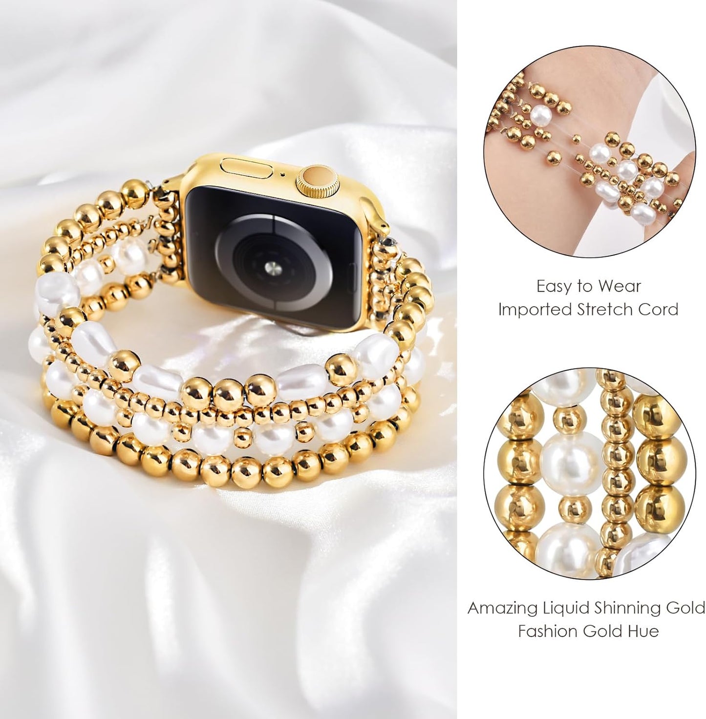 Gold Beaded Bracelets Compatible for Apple Watch Band 38Mm 40Mm 41Mm 42Mm 44Mm 45Mm Women, Fashion Handmade Dressy Iphone Watch Bands Elastic Strap for Iwatch Series SE 8 7 6 5 4 3 2 1