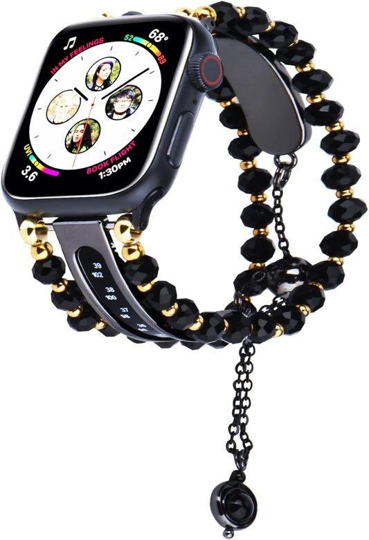Beads Pearl Apple Watch Band Compatible for Iwatch Ultra Series SE 8 7 6 5 4 3 Jewelry Bracelet Watch Band with Thermometer Pendant Charm (42Mm/44Mm/45Mm, Black)