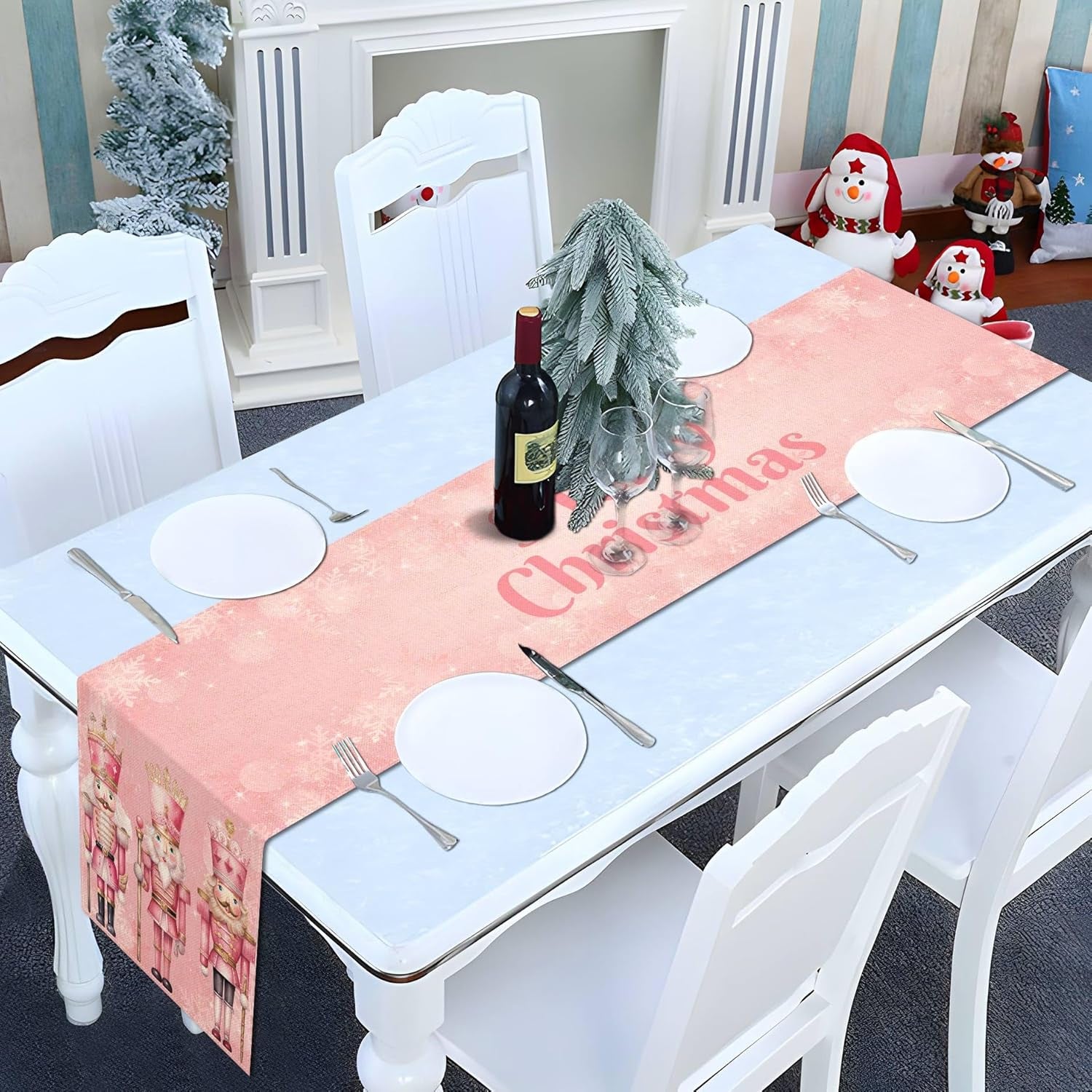 Pink Nutcrackers Christmas Table Runner Pink Xmas Decoration Winter Holiday Party Supply Home Kitchen Dining Room Decor (13" X 72")