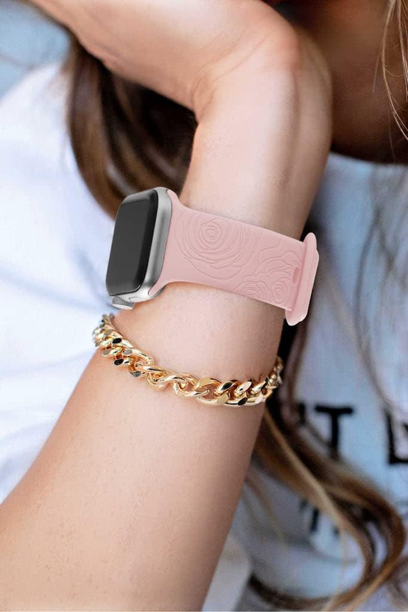 Rose Engraved Silicone Band Compatible with Watch Band 38Mm 40Mm 41Mm 44Mm 45Mm 42Mm Women Men,Sport Strap Replacement Wristbands for Watch Series 7/6/5/4/3/2/1/SE,2 Pack