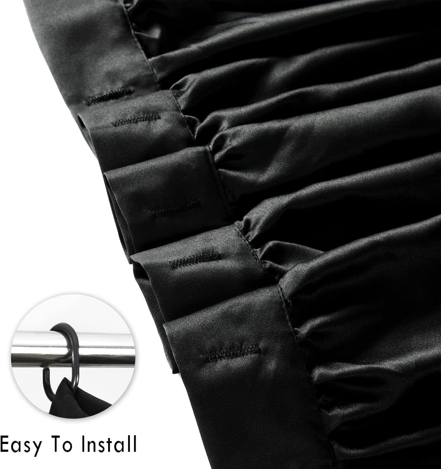 Black Ruffle Shower Curtain, Vintage Handcrafted Bow Tie Bath Curtain for Master Bathroom, Ruched Satin Bathroom Curtain with 12 Buttonholes, 72" W X 72" H (LQ-10)