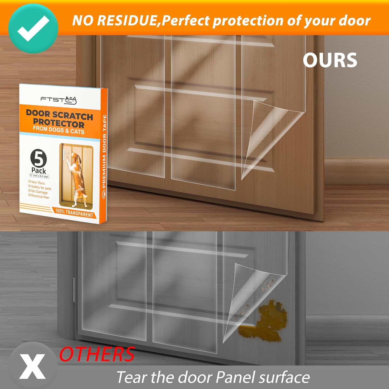 5-Pack Door Protector from Dog Scratching - 5 X 47'' X 8.3'' Cat Scratch Door Frame Protector anti Dog Scratch, Heavy Duty Protector for Window Sill - Door Guard Clear (N1)