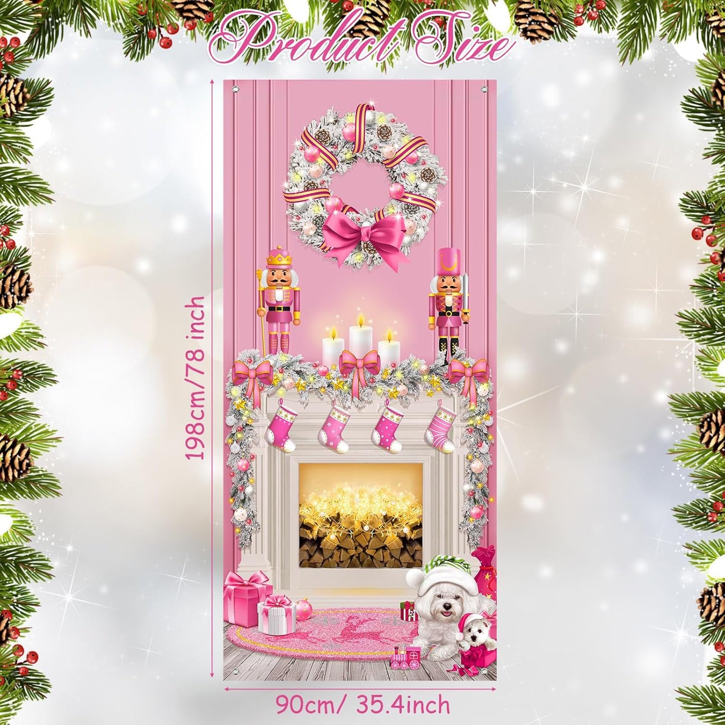 Christmas Door Cover Decoration Christmas Fireplace Door Cover Xmas Nutcracker Banner Backdrop Photo Booth Prop Background for Holiday New Year Door Party Supplies 6.5 X 3 Feet (Pink Style)