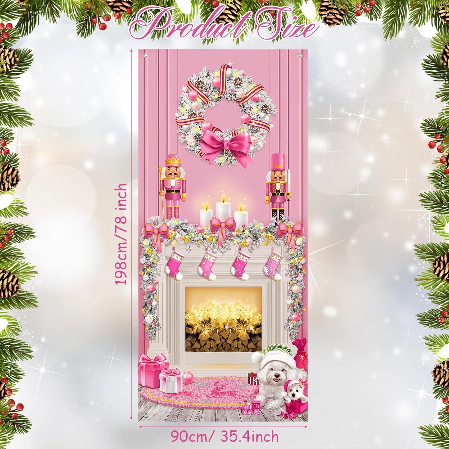 Christmas Door Cover Decoration Christmas Fireplace Door Cover Xmas Nutcracker Banner Backdrop Photo Booth Prop Background for Holiday New Year Door Party Supplies 6.5 X 3 Feet (Pink Style)