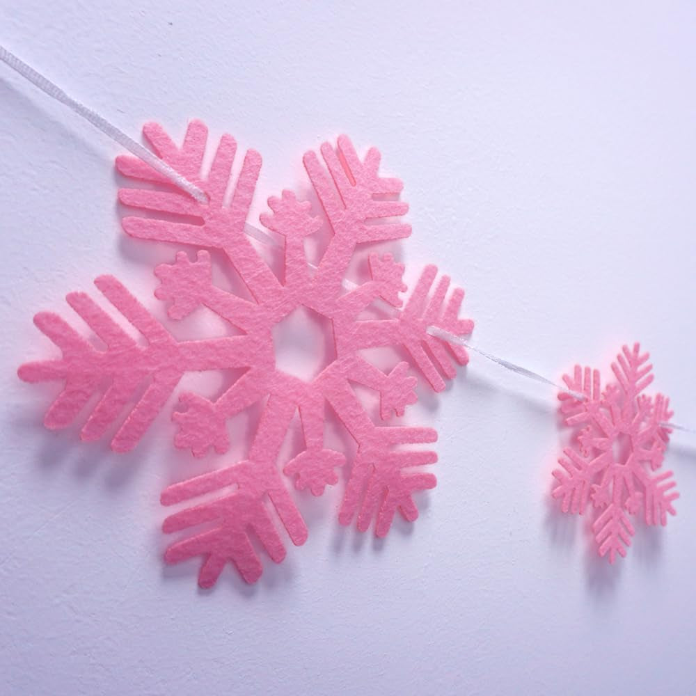 2 Pack Pink Snowflake Garland Felt Snowflake Banner Cute Pink Christmas Snowflake Decoration for Snow Winter Party Decorations
