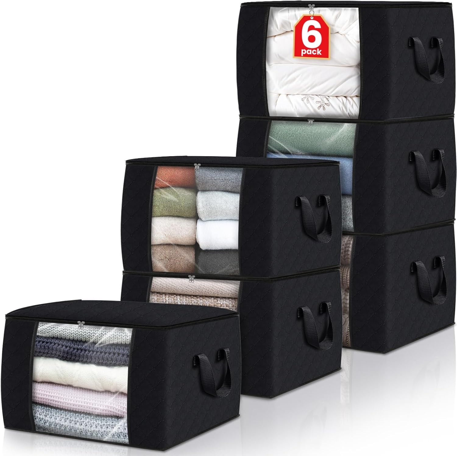 6 Pack Clothes Storage, Foldable Thick Fabric Blanket Storage Bags, Storage Containers for Organizing Bedroom, Closet, Clothing, Comforter, Organization and Storage with Handle,Grey