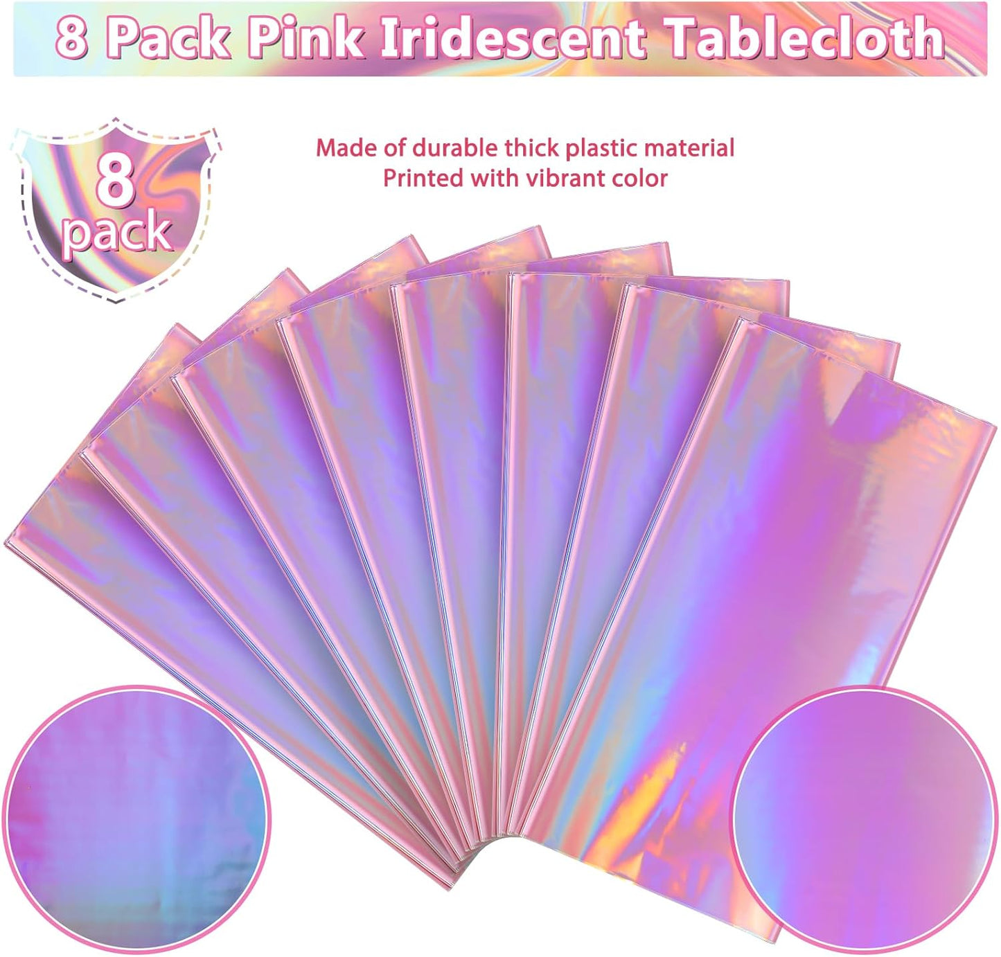 8 Pack Iridescent Pink Plastic Tablecloths,  Shiny Disposable Laser Rectangle Table Covers, Holographic Foil Tablecloth Iridescent Party Decorations for Birthday Wedding Christmas, 54X108Inch