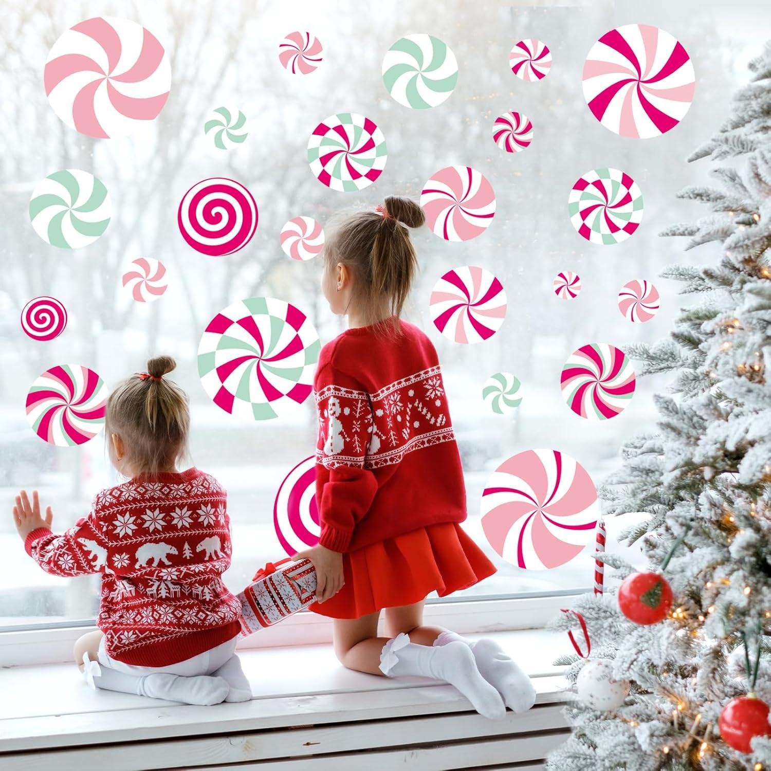 Christmas Window Cling Pink Green Candy Window Sticker Xmas Reusable PVC Window Decal for Winter Glass Mirror Decor, 9 Sheets