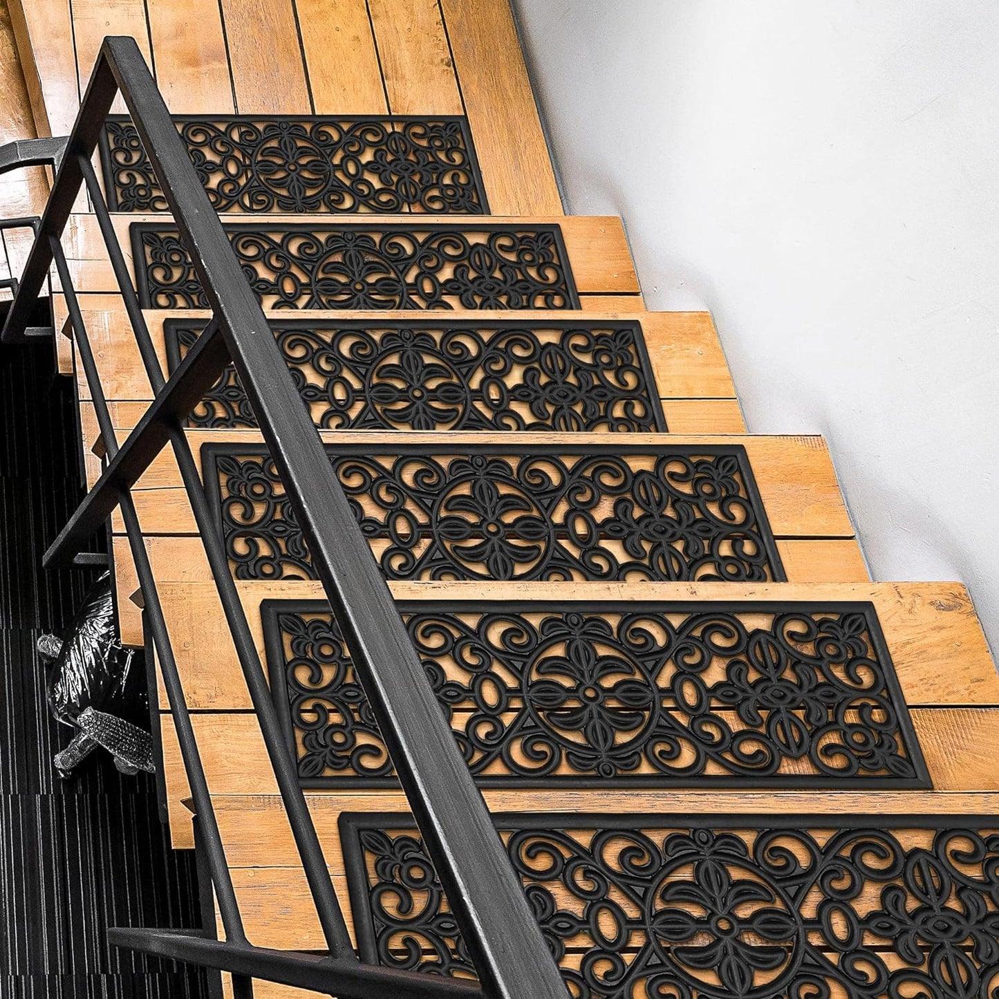 Indoor/Outdoor Hose-Wash Iron Wrought Design Non-Slip Rubber 10" X 30" Modern Stair Treads for Stairs, Garage, Patio, 5 Pack, Black Floral