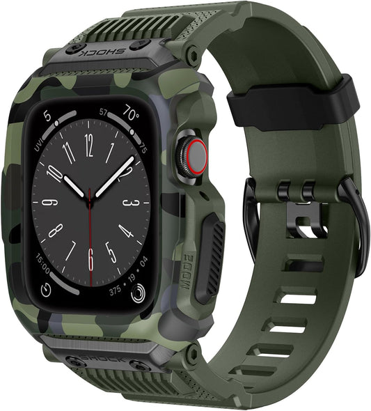 Compatible for Apple Watch Band 45Mm 44Mm 42Mm with Case,Men Rugged Sport Military TPU with Metal Pieces Strap with Bumper Cover for Iwatch Series 9/8/7/6/SE/5/4/3/2/1