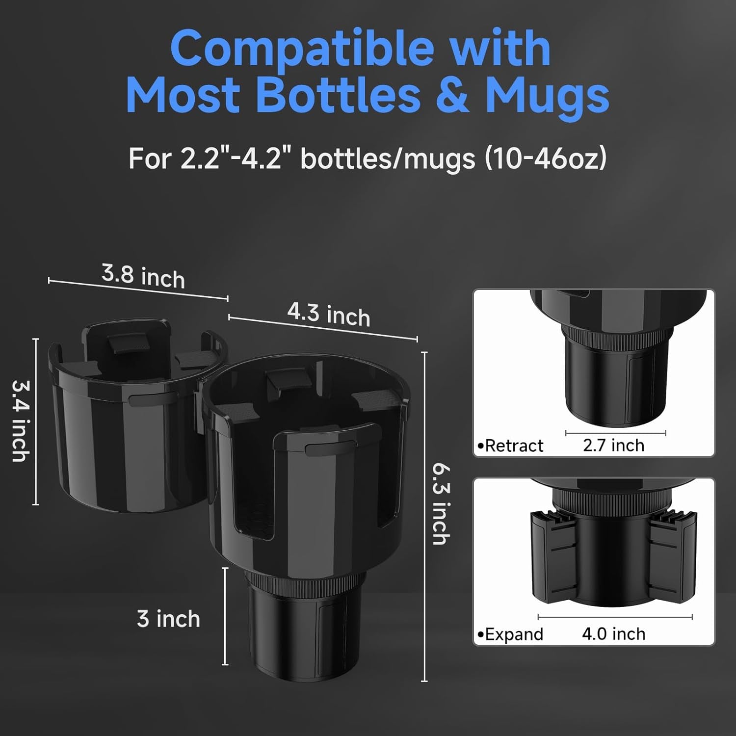 Car Cup Holder Expander, 2 in 1 Cup Holder Adapter Extender for Car with Expandable Base, Cup Holder Insert Fits Yeti, Hydroflask and Other Large Water Bottles & Mugs in 2.2"-4.6" (10-46Oz)