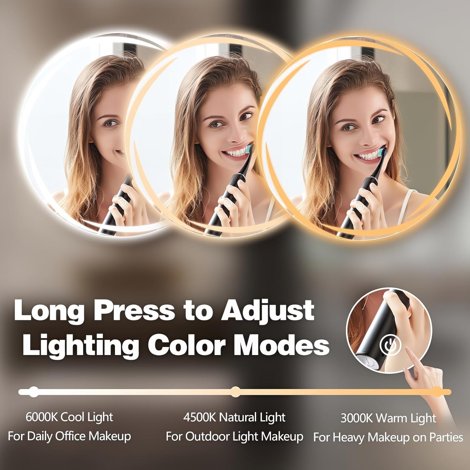 24" round LED Mirror for Bathroom with Front Light and Backlit, Stepless Dimmable Vanity Mirror with Lights, Frameless anti Fog Smart Mirror Wall Mounted, IP65 Waterproof, Shatter-Proof