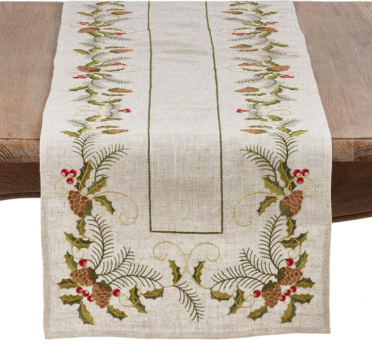 1851.N16108B Joyeuses Fêtes Collection Embroidered Pinecone and Holly Table Runner, 16" X 108", Natural