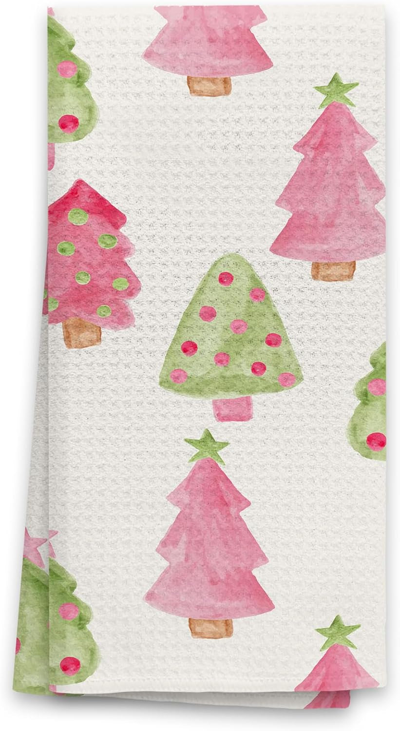 Christmas Kitchen Towels, Pink Christmas Tree Holiday Decorative Kitchen Towels, Winter Decorations for Home, Christmas Dish Tea Hand Towels for Kitchen Bathroom Decorative 16X24 Inch