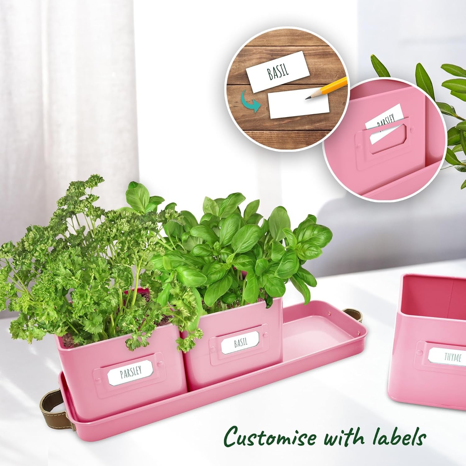Herb Planter Indoor - Set of 3 Pink Indoor Herb Garden Pots for Plants with Leather Handled Tray - Window Sill Plant Shelf - Herb Pots with Drainage Holes and Labels