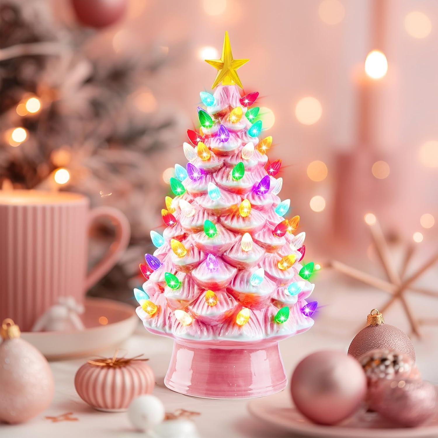 13 Inch Ceramic Christmas Tree, Pre-Lit Tabletop Christmas Tree with Multicolored LED Lights and Star, Battery Operated Valentine'S Day Lighted Ceramic Tree for Home Table Holiday Decorations