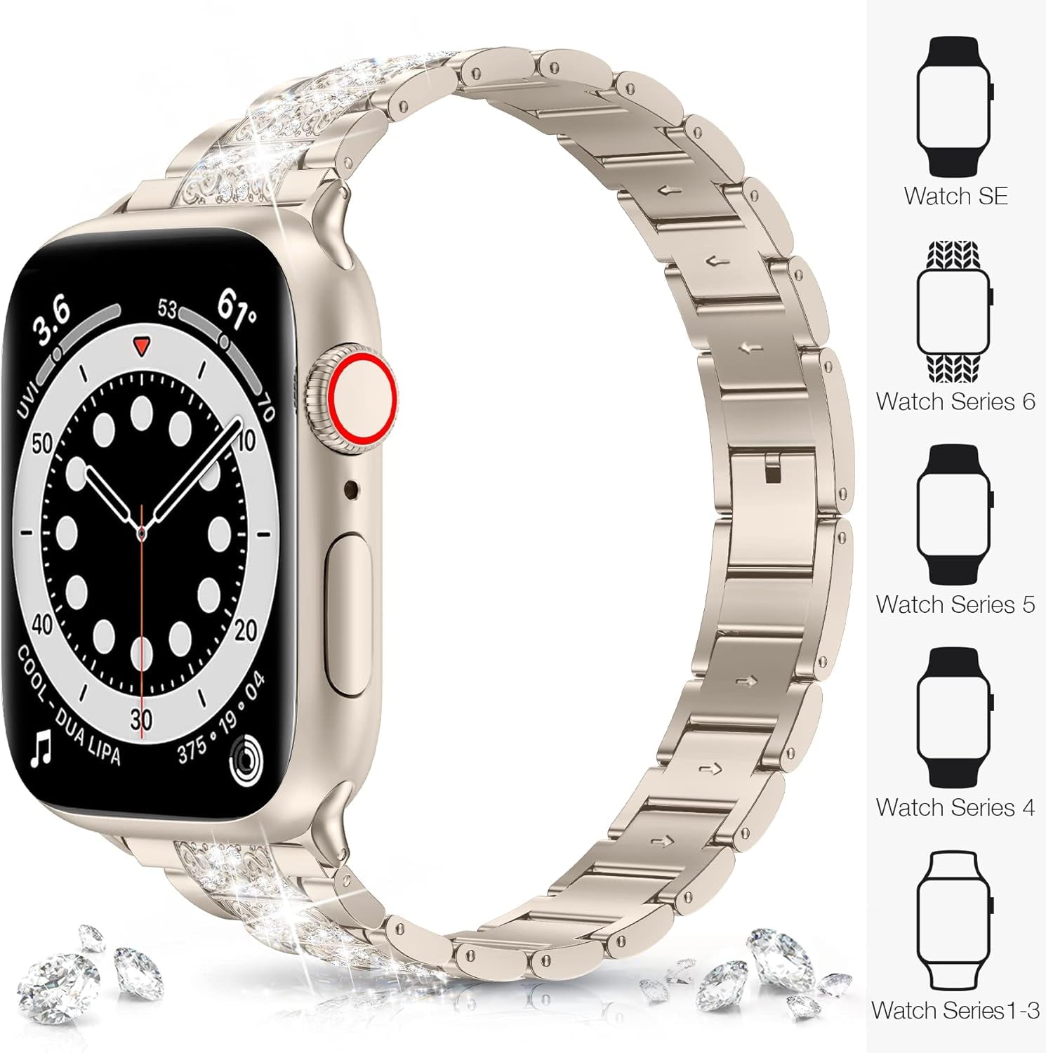 Compatible with Apple Watch Band 38Mm 40Mm 41Mm Series 9 Series 8 7 6 5 4 3 2 1 SE Ultra, Bling Replacement Bracelet Iwatch Band, Diamond Rhinestone Stainless Steel Metal Wristband Strap