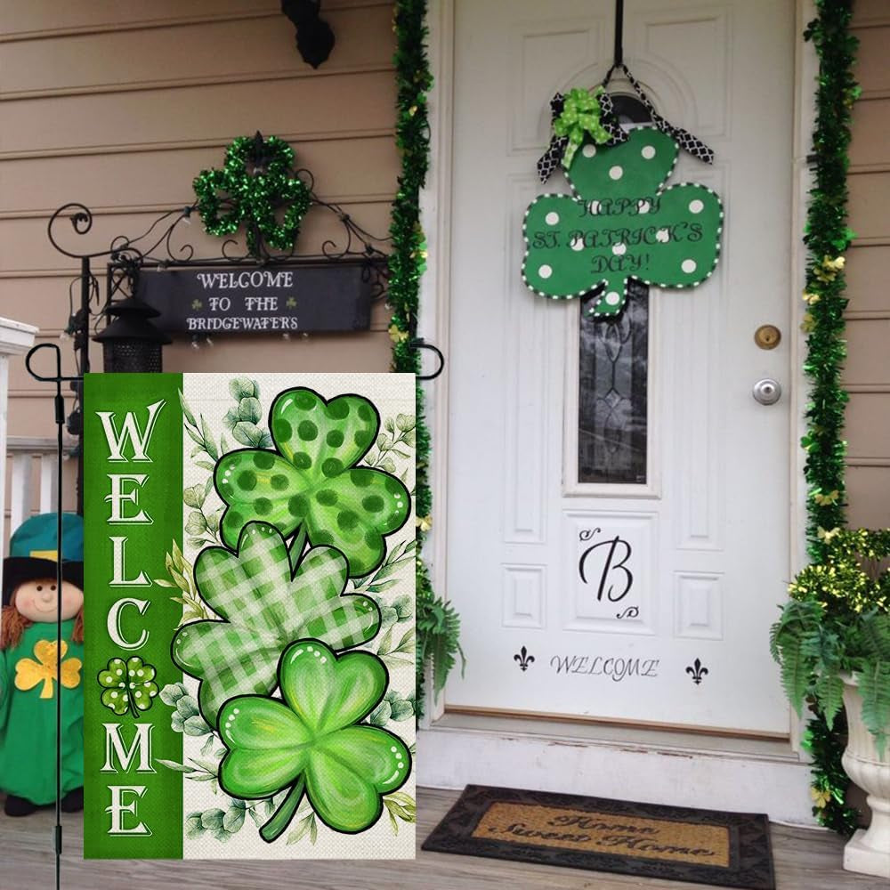 St Patricks Day Shamrocks Garden Flag 12X18 Inch Double Sided for outside Small Welcome Green Clovers Burlap Holiday Yard Flag