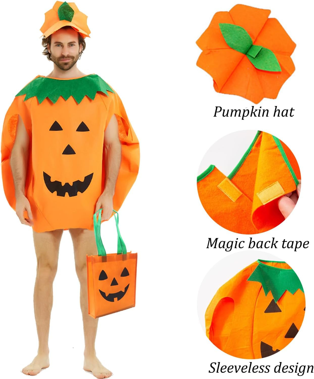 Adult Pumpkin Costume, 3 PCS Halloween Pumpkin Cosplay Set Included Pumpkin Bag (9.8 X 11.8 Inch)